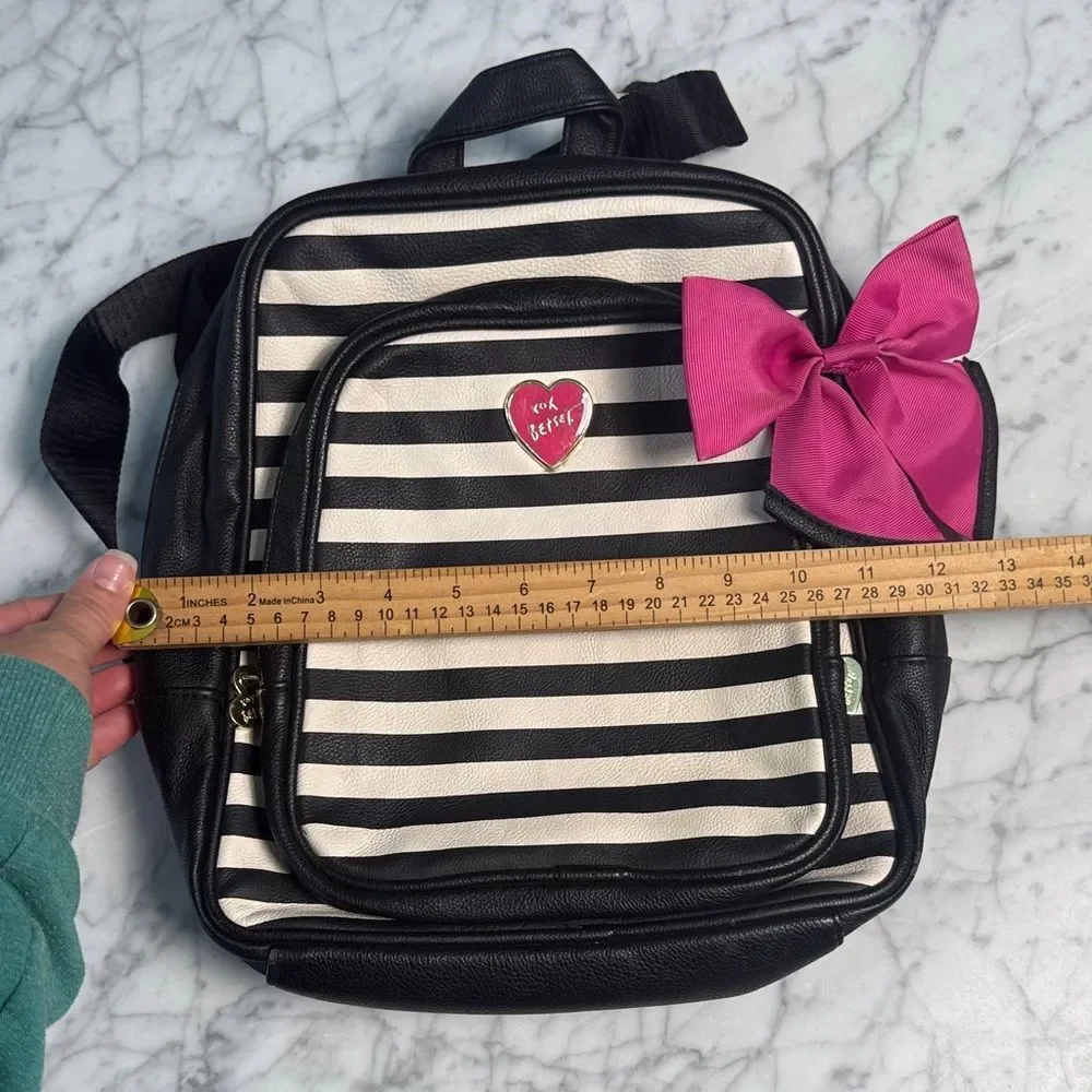 Betsey Johnson Black & White Bow Faux Leather Striped Backpack